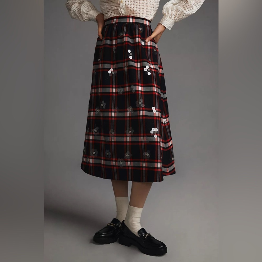 Anthropologie Maeve Embellished Plaid Skirt
